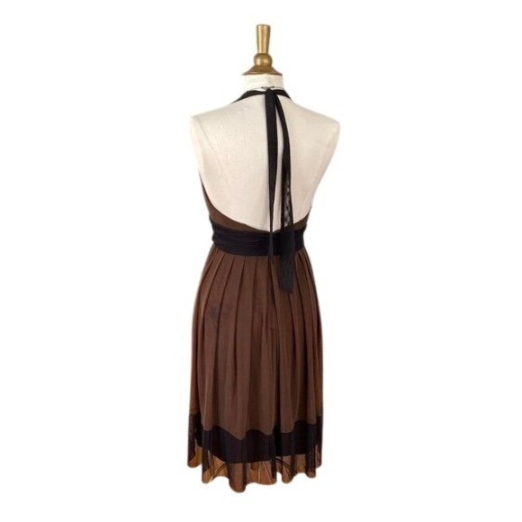 London Style Brown Black Halter Neck Ruched Waist Pleated Midi Dress Size 8 - Picture 2 of 7